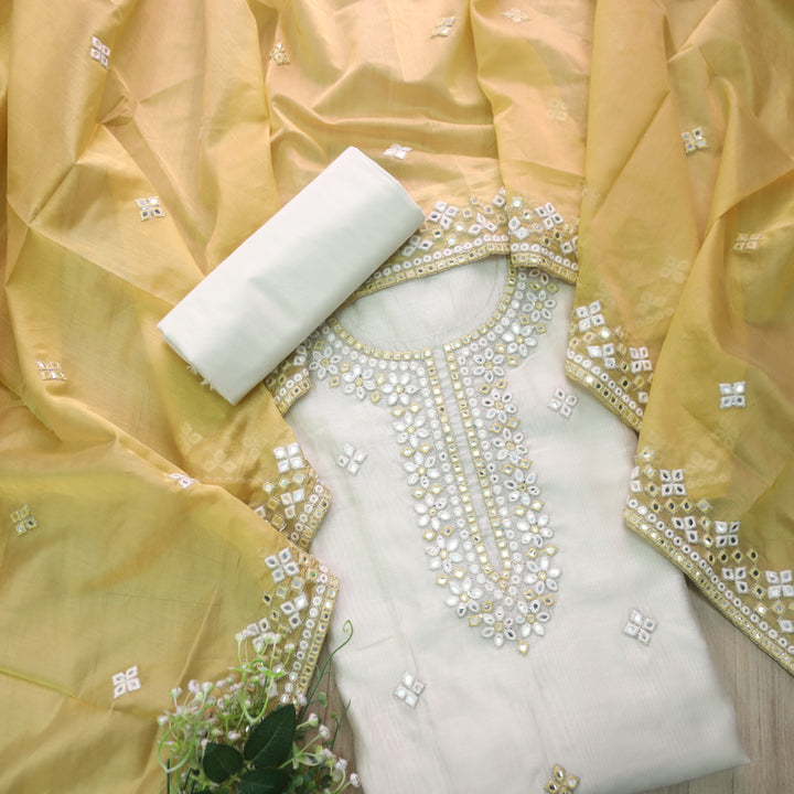 Dilbara White and Yellow Thread with Patra Work Neck Chanderi Suit Set