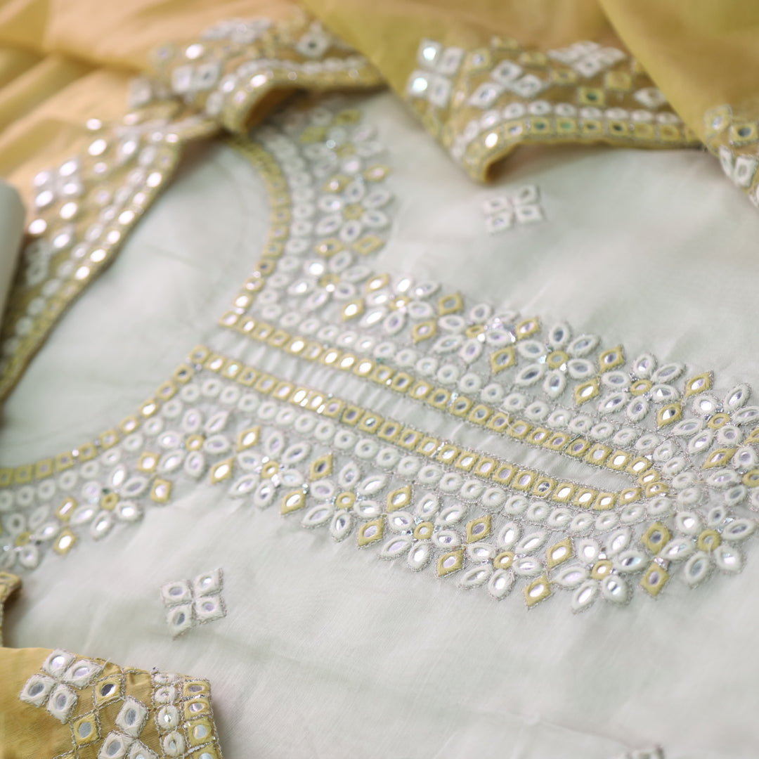 Dilbara White and Yellow Thread with Patra Work Neck Chanderi Suit Set