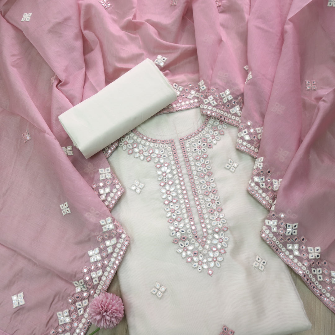 Dilbara White and Pink Thread with Patra Work Neck Chanderi Suit Set