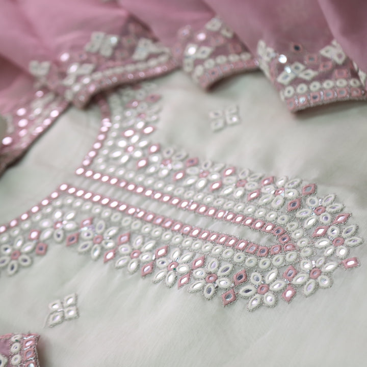Dilbara White and Pink Thread with Patra Work Neck Chanderi Suit Set