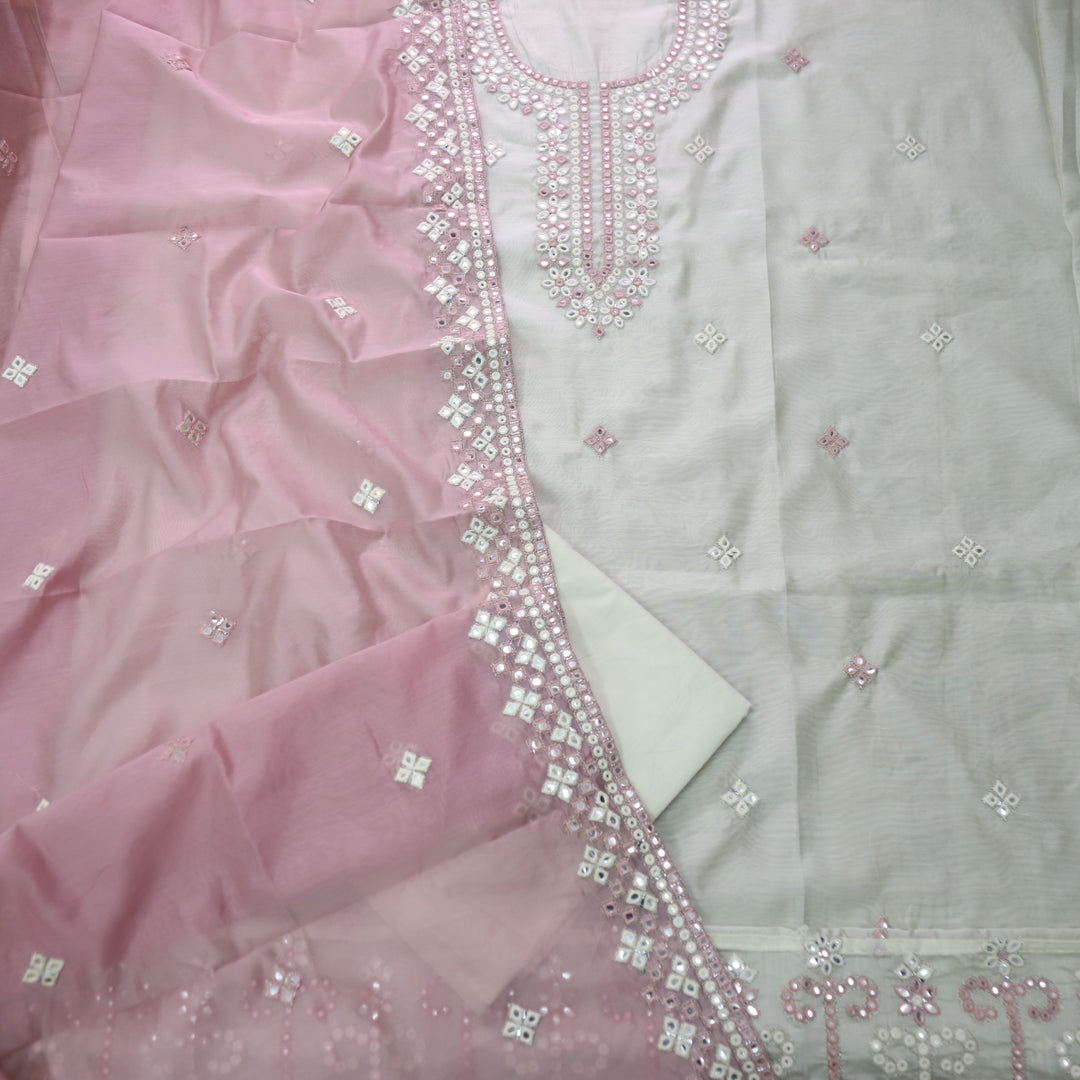 Dilbara White and Pink Thread with Patra Work Neck Chanderi Suit Set