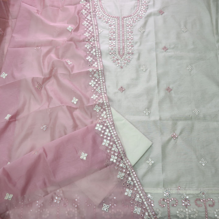 Dilbara White and Pink Thread with Patra Work Neck Chanderi Suit Set