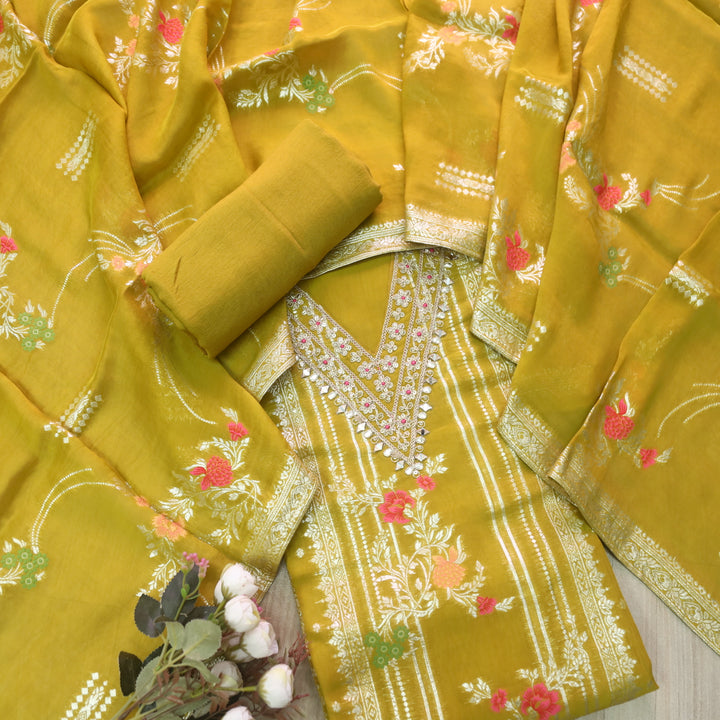 Aafreen Lemon Yellow V Neck with Embellished Neckline Organza Suit Set
