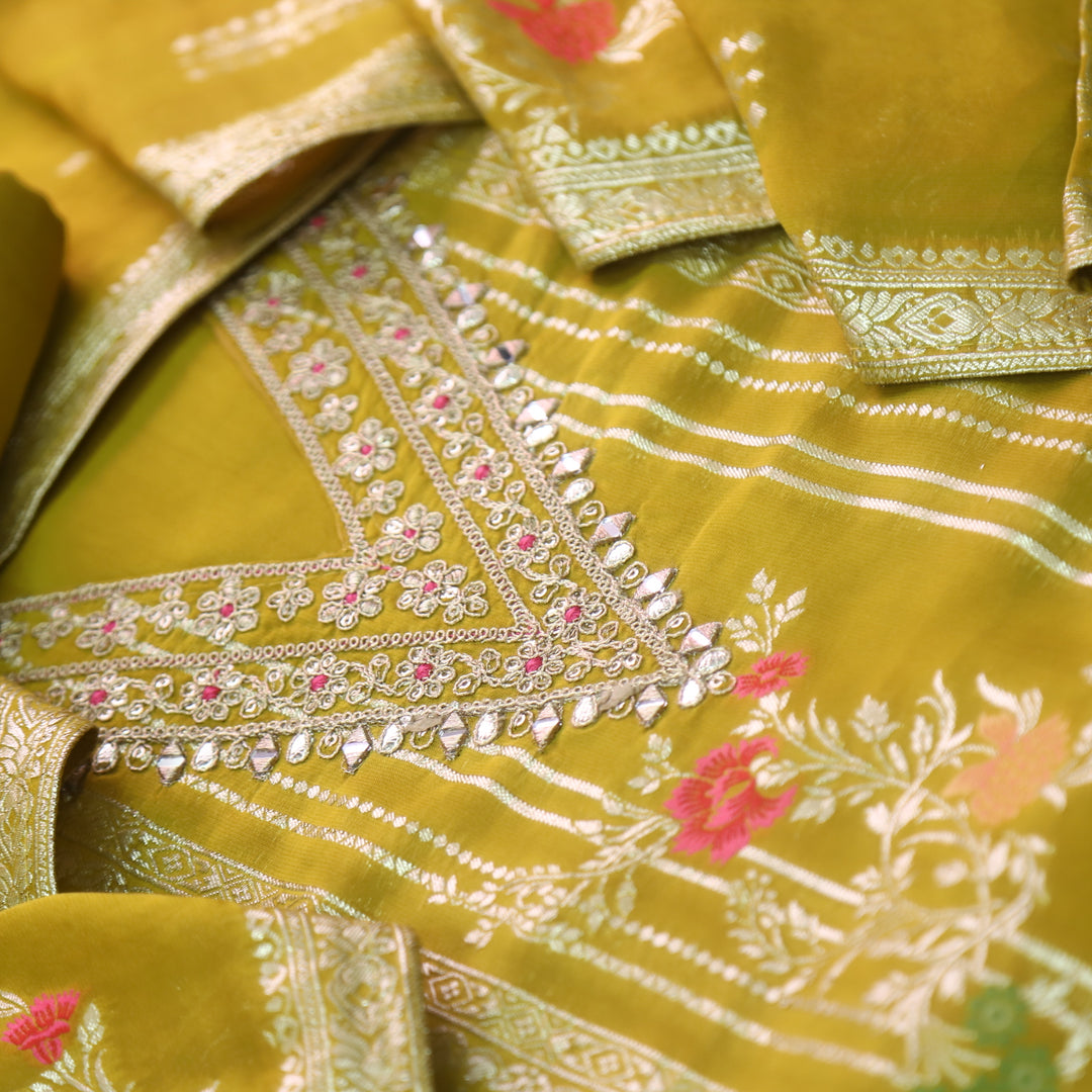Aafreen Lemon Yellow V Neck with Embellished Neckline Organza Suit Set