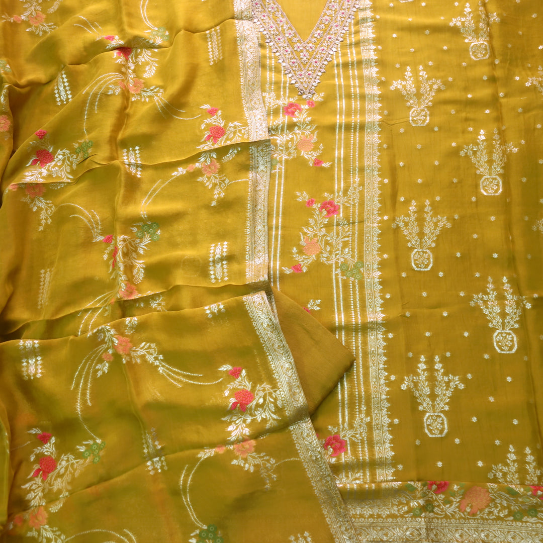 Aafreen Lemon Yellow V Neck with Embellished Neckline Organza Suit Set