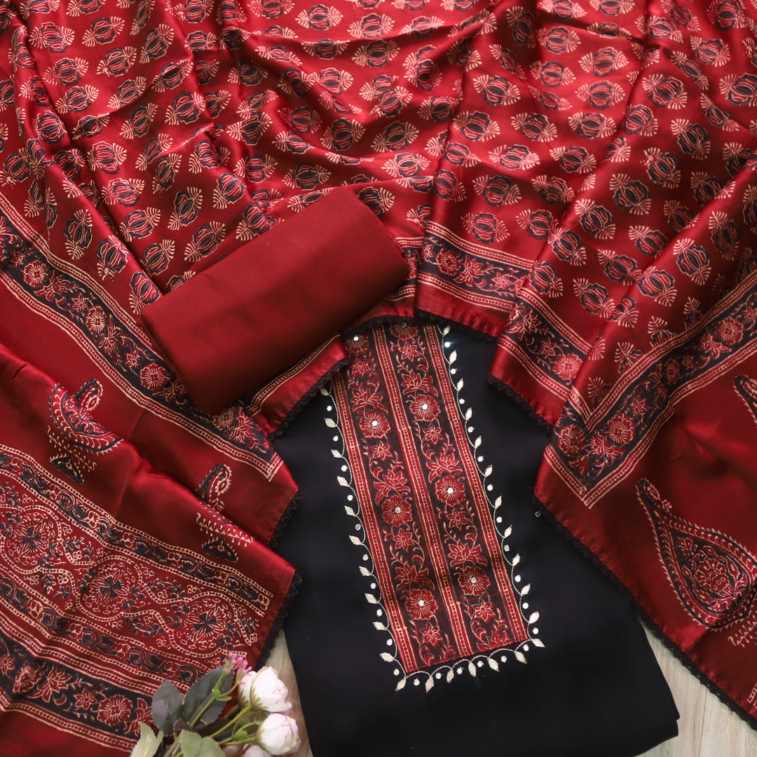 Ishaani Raven Black with Ajrak Print Patch Modal Silk Suit Set