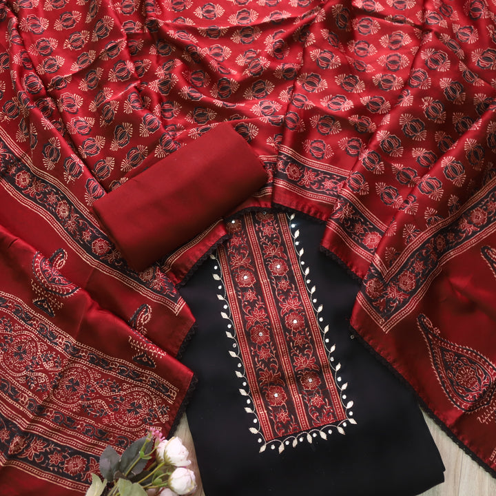 Ishaani Raven Black with Ajrak Print Patch Modal Silk Suit Set