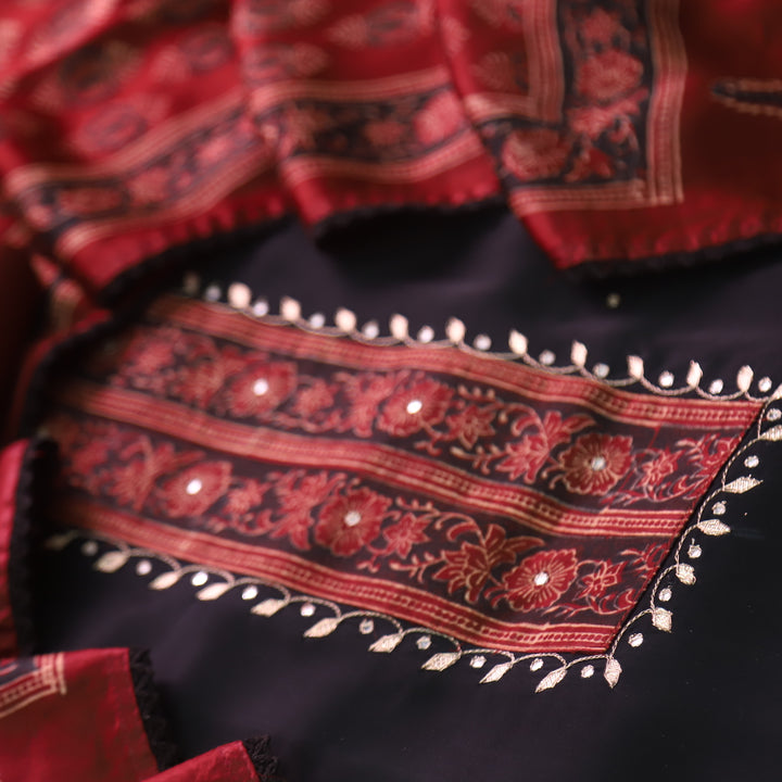 Ishaani Raven Black with Ajrak Print Patch Modal Silk Suit Set