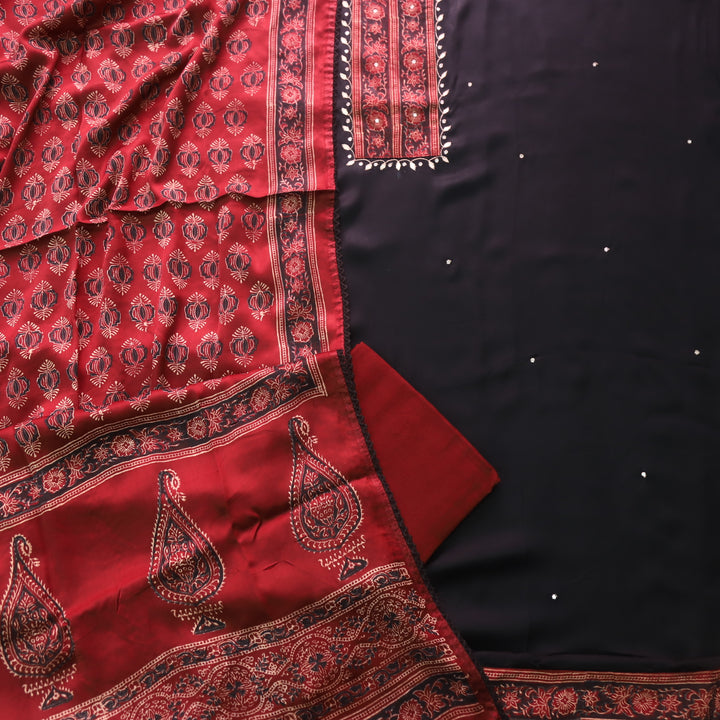 Ishaani Raven Black with Ajrak Print Patch Modal Silk Suit Set