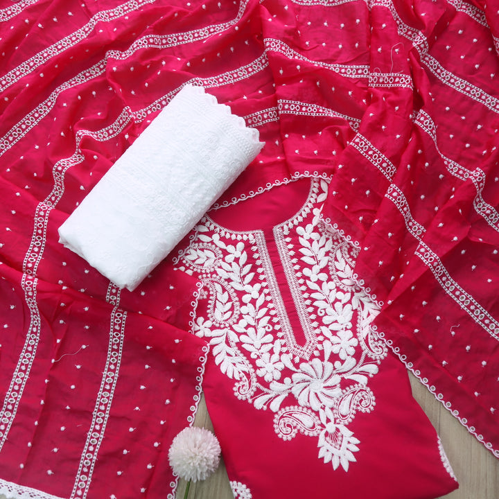 Nadaani Hot Pink Chikankari inspired Neck Work Cotton Suit Set