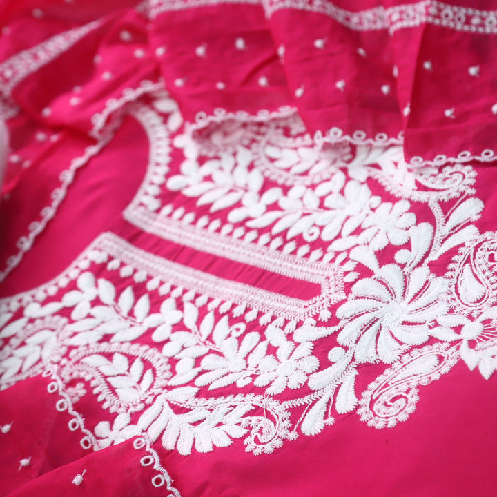 Nadaani Hot Pink Chikankari inspired Neck Work Cotton Suit Set