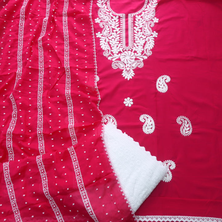 Nadaani Hot Pink Chikankari inspired Neck Work Cotton Suit Set