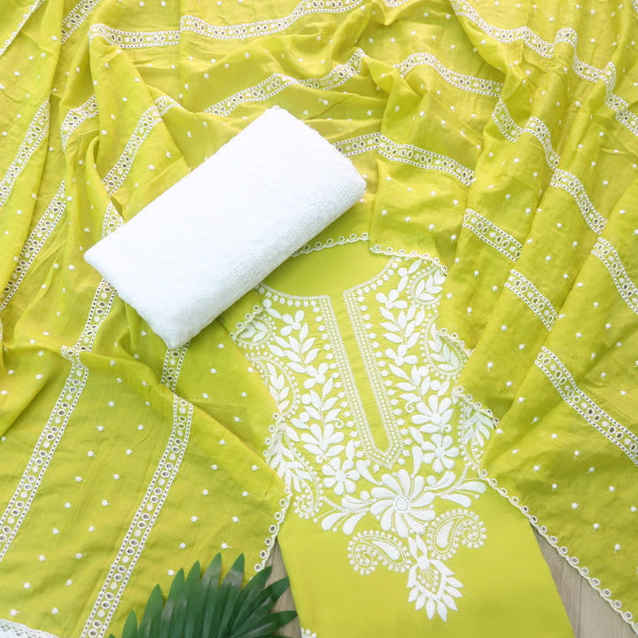 Nadaani Lemon Green Chikankari inspired Neck Work Cotton Suit Set