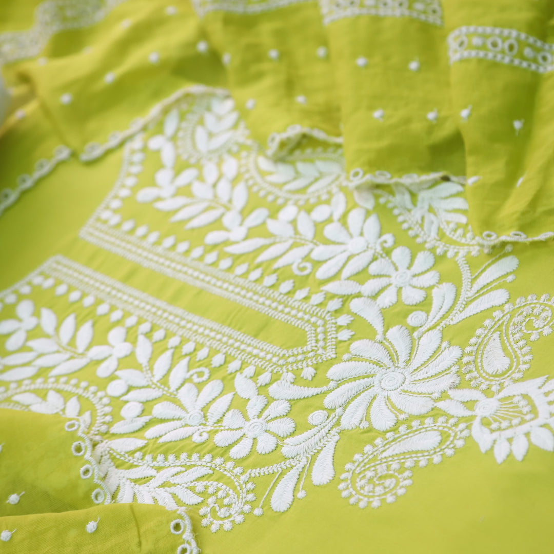 Nadaani Lemon Green Chikankari inspired Neck Work Cotton Suit Set