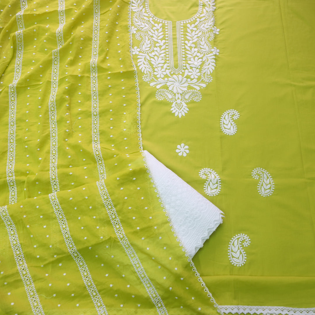 Nadaani Lemon Green Chikankari inspired Neck Work Cotton Suit Set