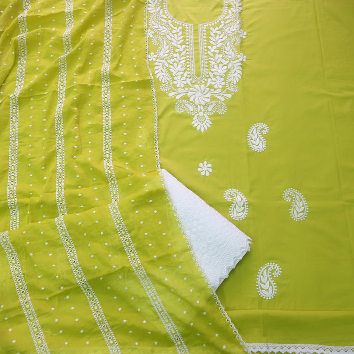 Nadaani Lemon Green Chikankari inspired Neck Work Cotton Suit Set