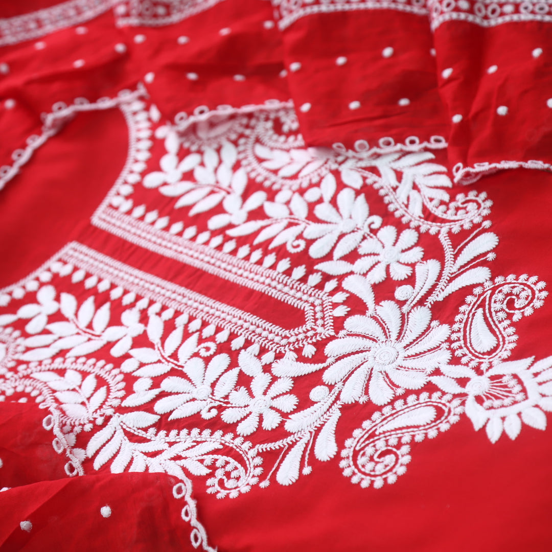 Nadaani Bride Red Chikankari inspired Neck Work Cotton Suit Set