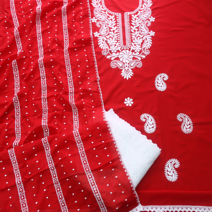 Nadaani Bride Red Chikankari inspired Neck Work Cotton Suit Set