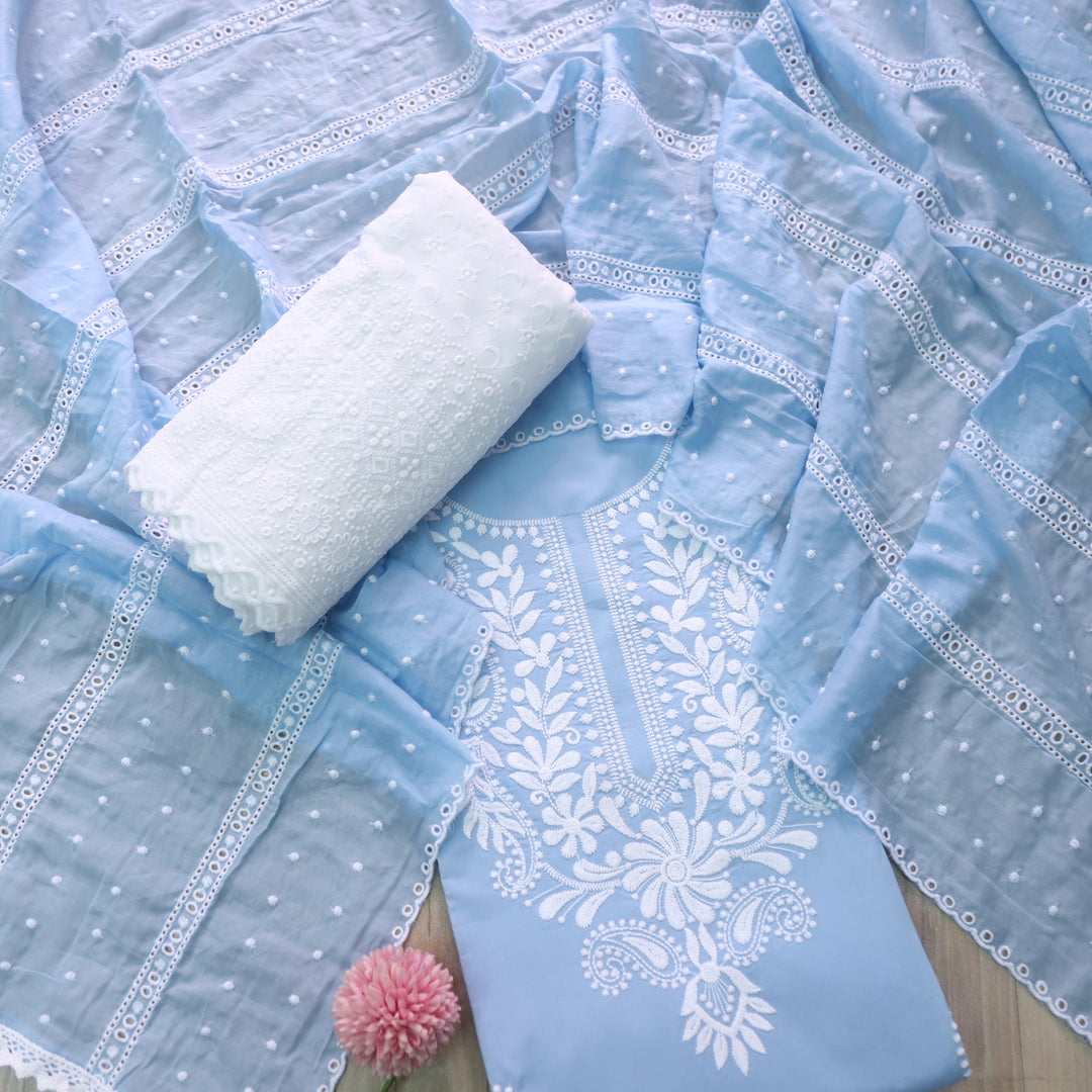 Nadaani Azure Blue Chikankari inspired Neck Work Cotton Suit Set