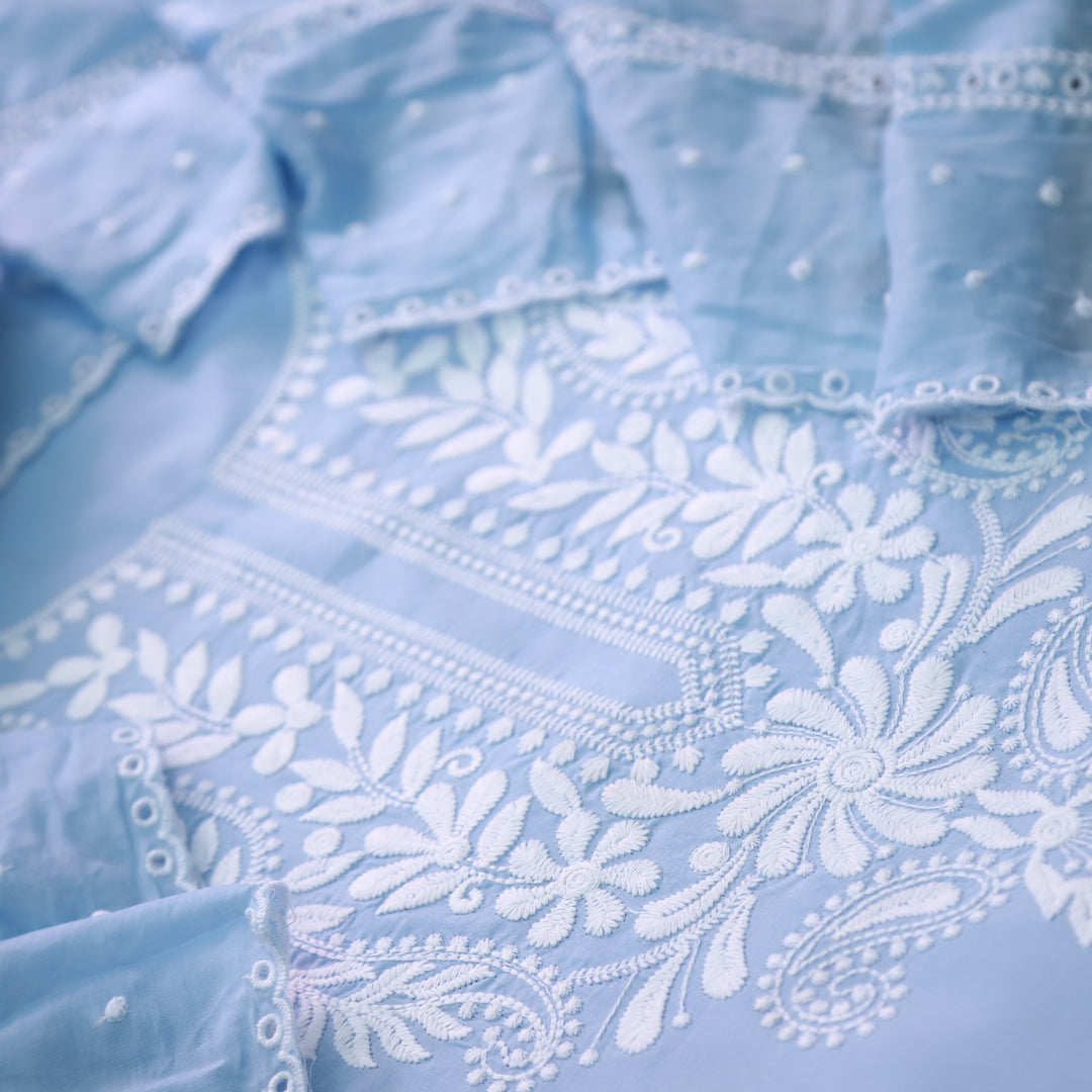 Nadaani Azure Blue Chikankari inspired Neck Work Cotton Suit Set