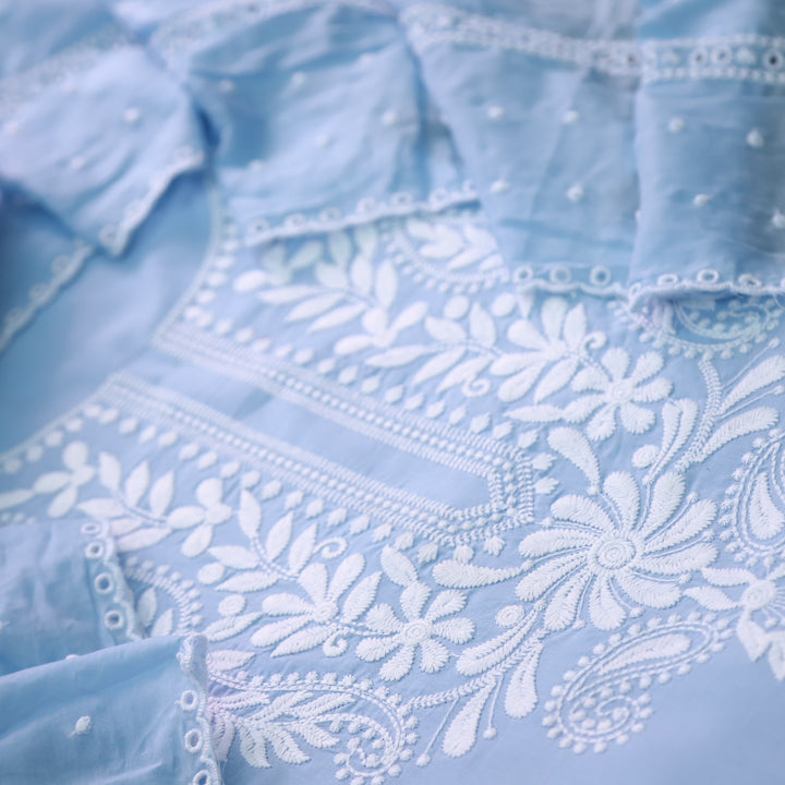 Nadaani Azure Blue Chikankari inspired Neck Work Cotton Suit Set