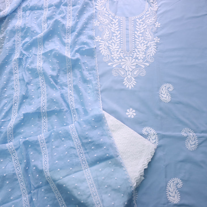 Nadaani Azure Blue Chikankari inspired Neck Work Cotton Suit Set