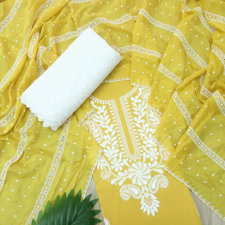 Nadaani Canary Yellow Chikankari inspired Neck Work Cotton Suit Set