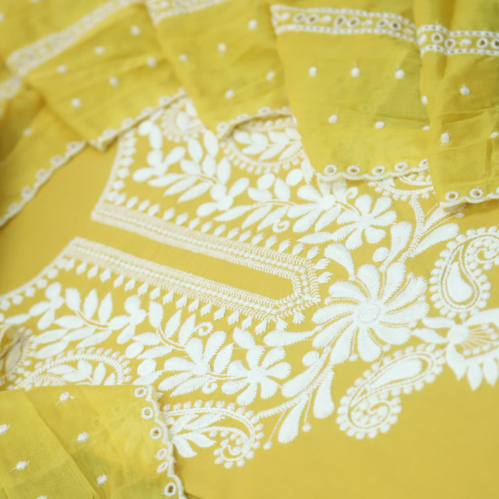 Nadaani Canary Yellow Chikankari inspired Neck Work Cotton Suit Set