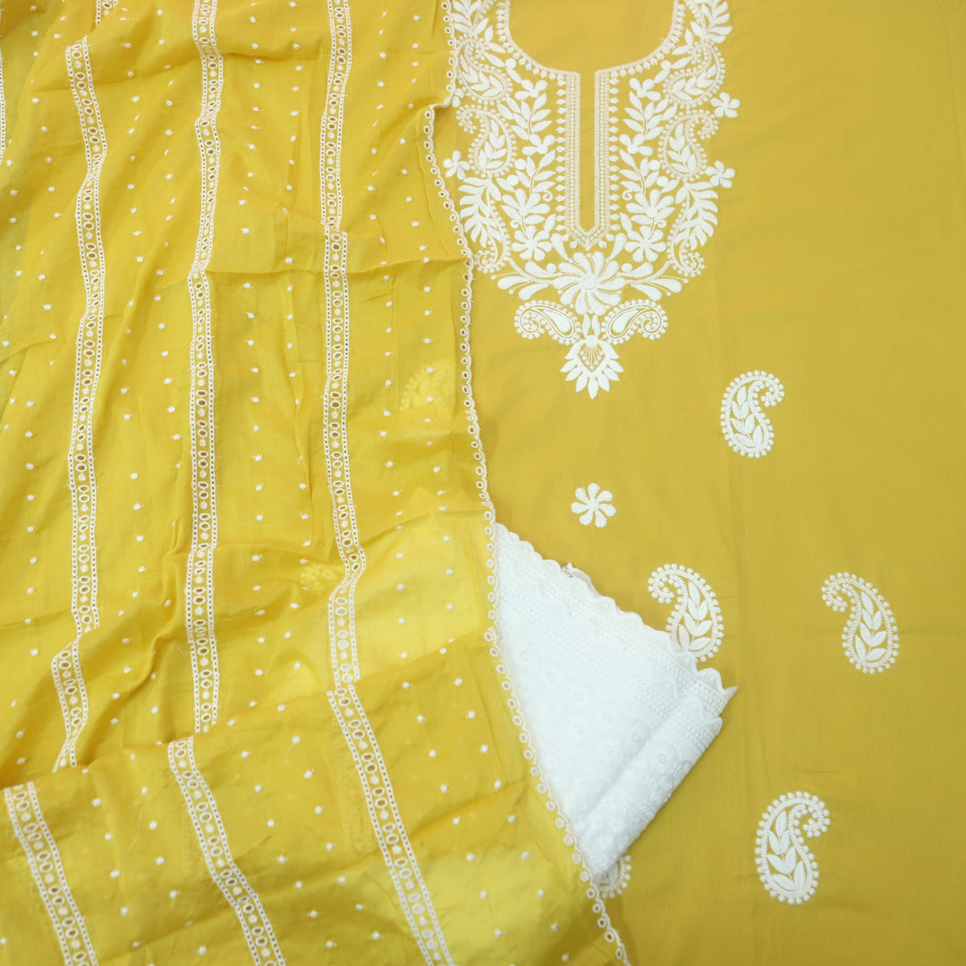 Nadaani Canary Yellow Chikankari inspired Neck Work Cotton Suit Set