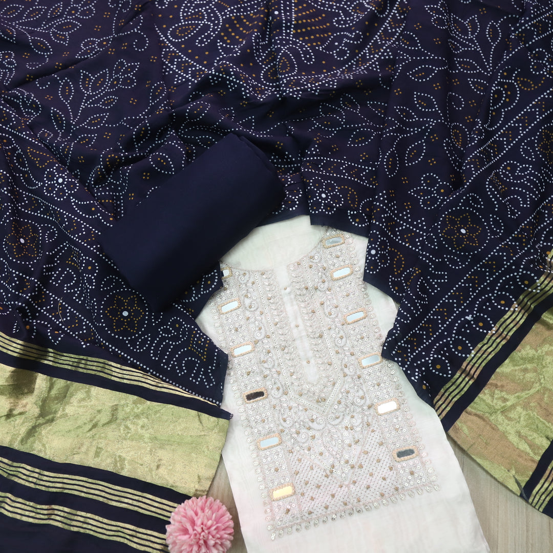 Rahi Cream White Zari with Mirror Work Neck Chanderi and Blue Gajji Silk Dupatta