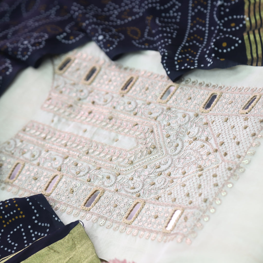 Rahi Cream White Zari with Mirror Work Neck Chanderi and Blue Gajji Silk Dupatta