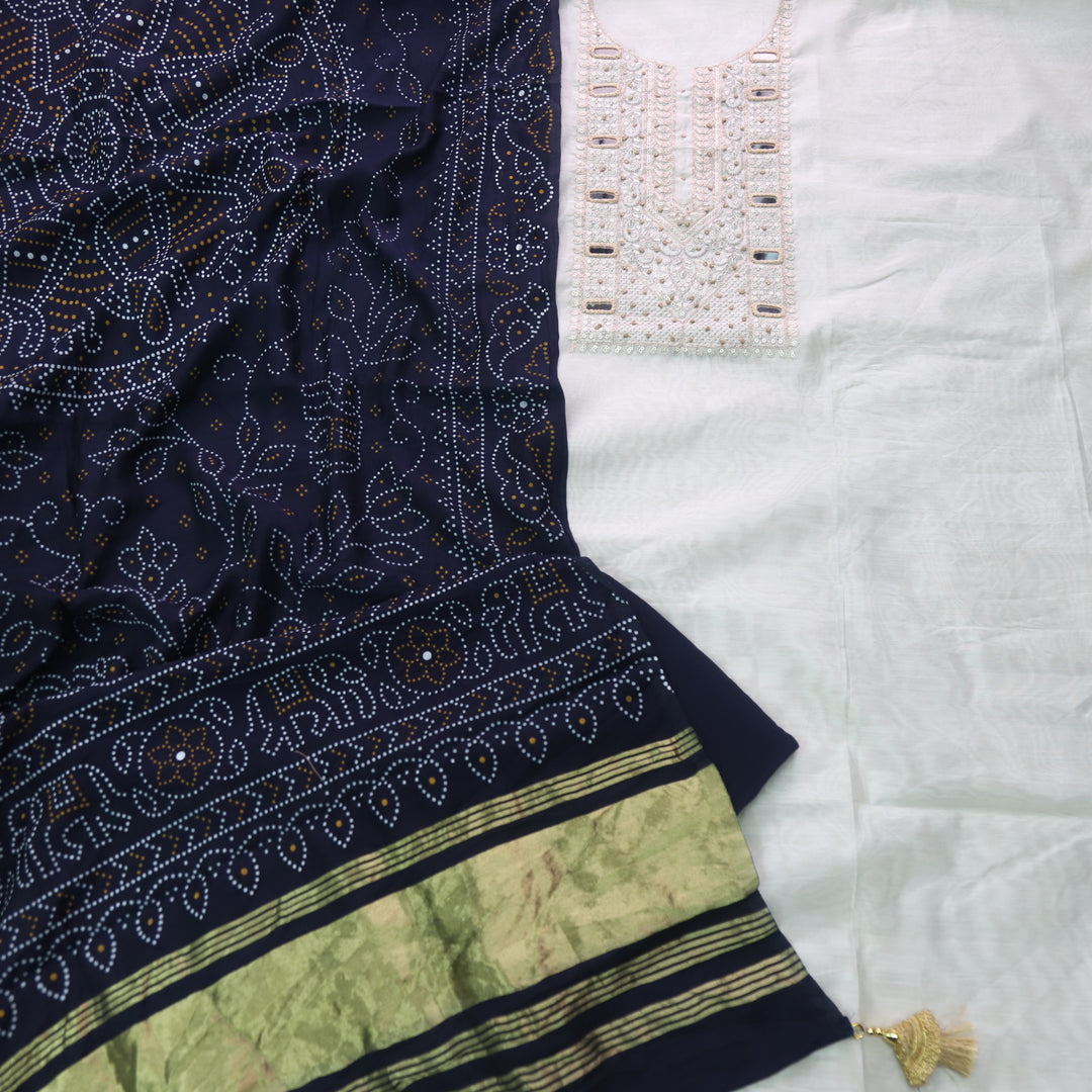 Rahi Cream White Zari with Mirror Work Neck Chanderi and Blue Gajji Silk Dupatta