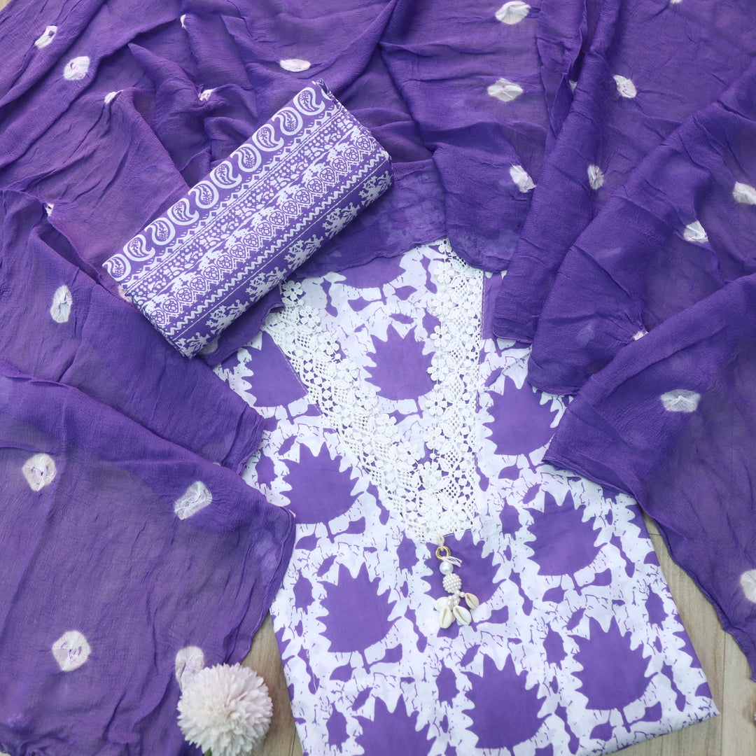 Lashkara White with Lilac Floral Digital Print V Lace Work Cotton Suit Set