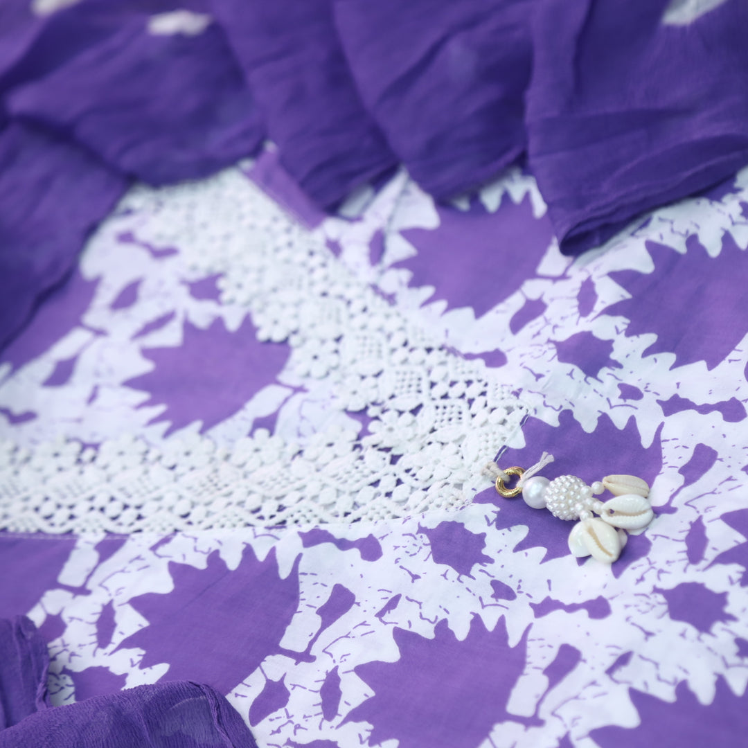 Lashkara White with Lilac Floral Digital Print V Lace Work Cotton Suit Set