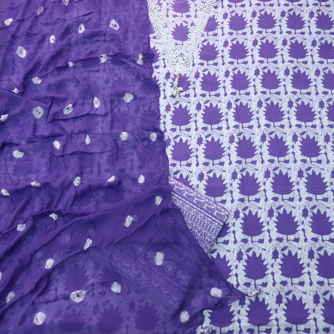 Lashkara White with Lilac Floral Digital Print V Lace Work Cotton Suit Set