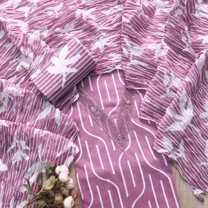 Rahi Mauve Pink Digital Print V Embellish Work Neck Cotton Suit Set