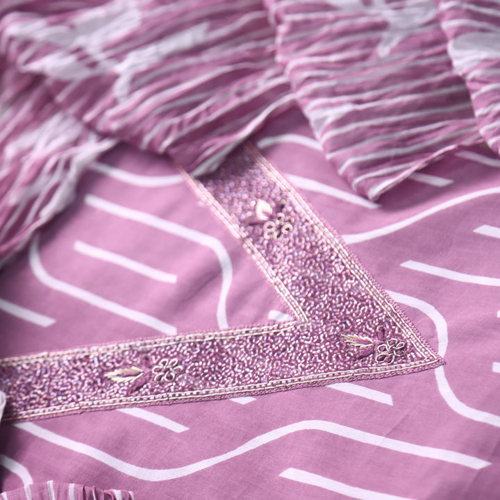 Rahi Mauve Pink Digital Print V Embellish Work Neck Cotton Suit Set