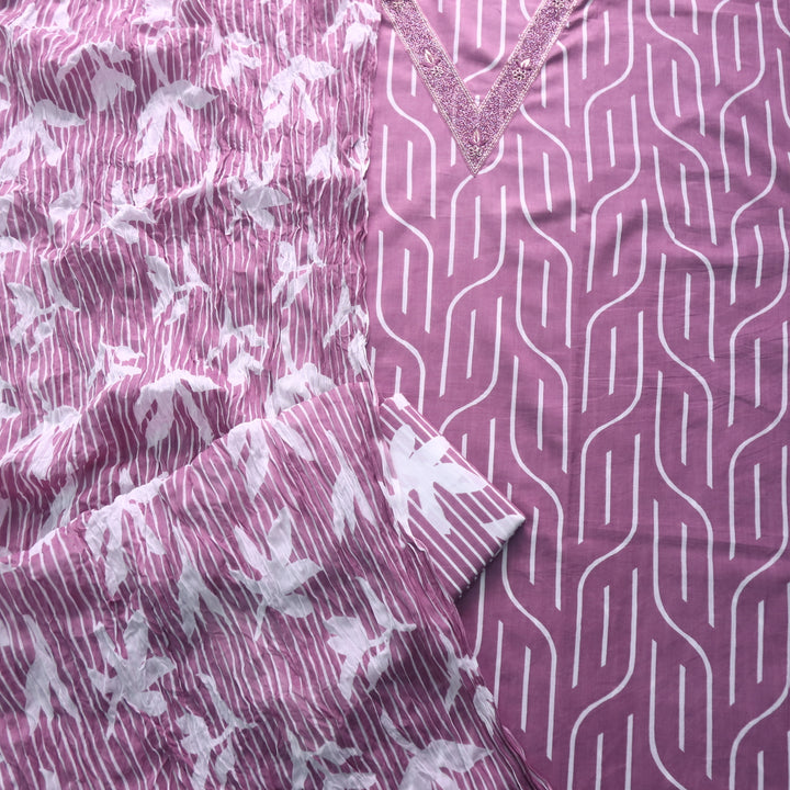 Rahi Mauve Pink Digital Print V Embellish Work Neck Cotton Suit Set