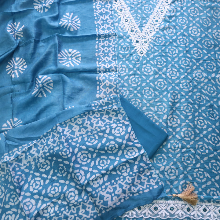 Sumati Sapphire Blue V Moti Neck Work Batik Print Chanderi Suit Set