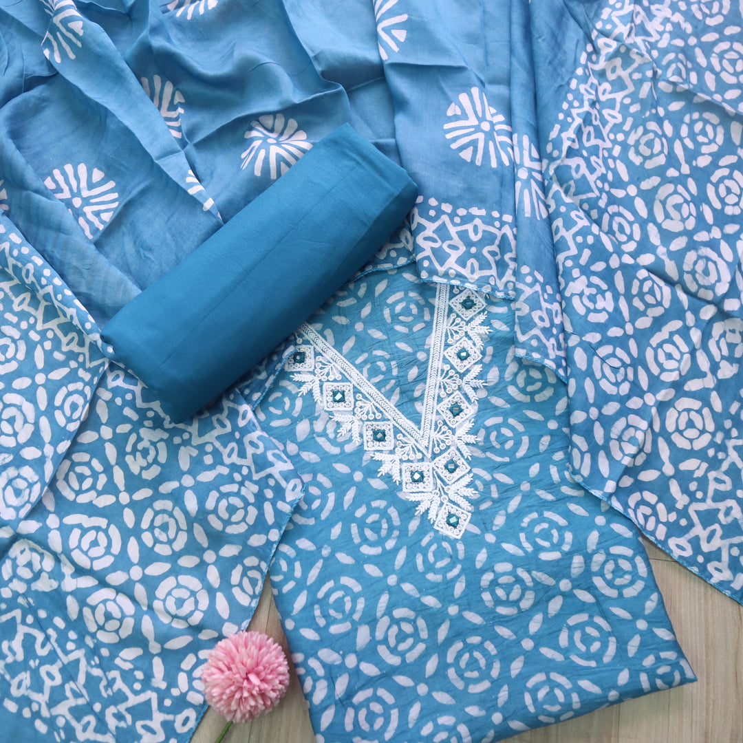 Sumati Sapphire Blue V Moti Neck Work Batik Print Chanderi Suit Set