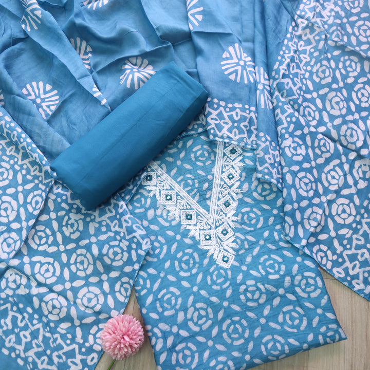 Sumati Sapphire Blue V Moti Neck Work Batik Print Chanderi Suit Set