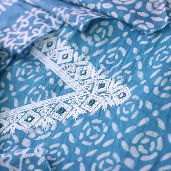 Sumati Sapphire Blue V Moti Neck Work Batik Print Chanderi Suit Set