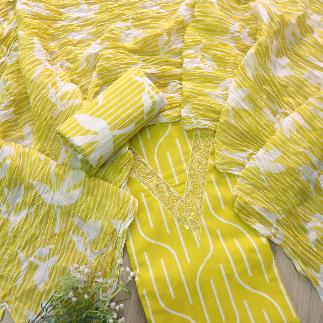 Rahi Lemon Yellow Digital Print V Embellish Work Neck Cotton Suit Set