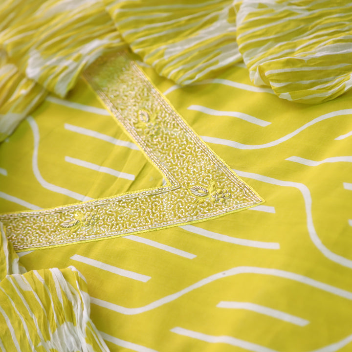 Rahi Lemon Yellow Digital Print V Embellish Work Neck Cotton Suit Set