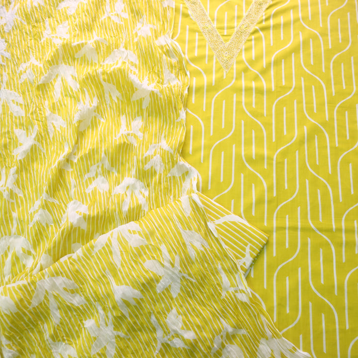 Rahi Lemon Yellow Digital Print V Embellish Work Neck Cotton Suit Set