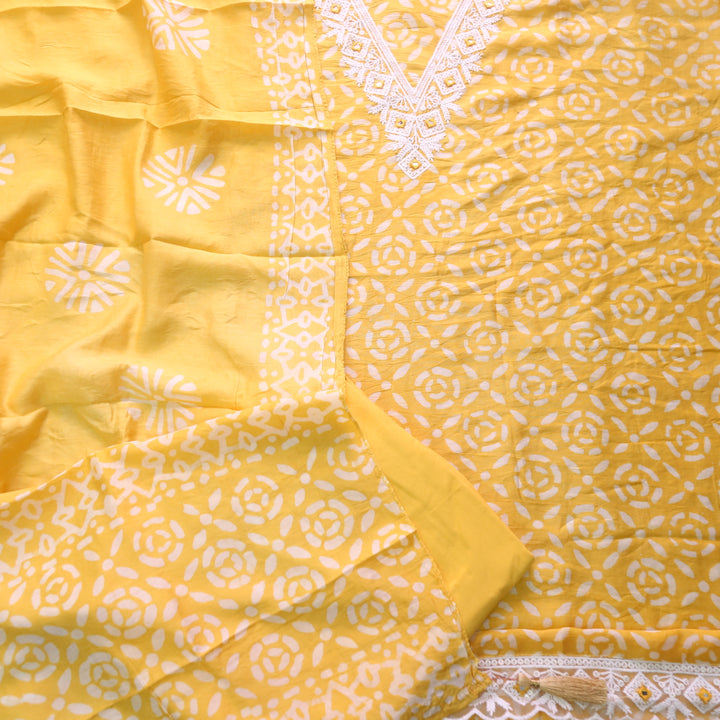 Sumati Sunflower Yellow V Moti Neck Work Batik Print Chanderi Suit Set