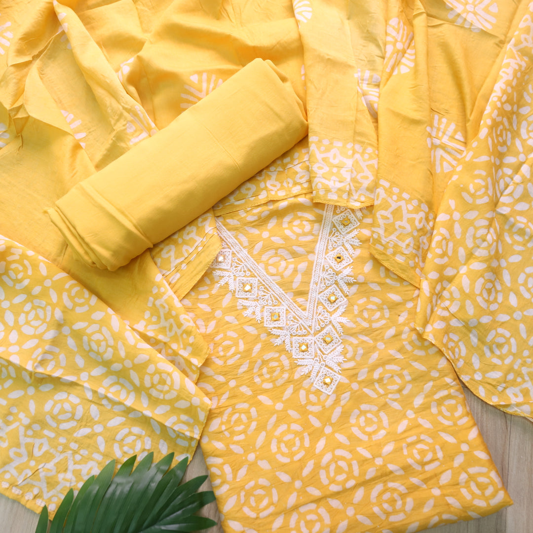 Sumati Sunflower Yellow V Moti Neck Work Batik Print Chanderi Suit Set