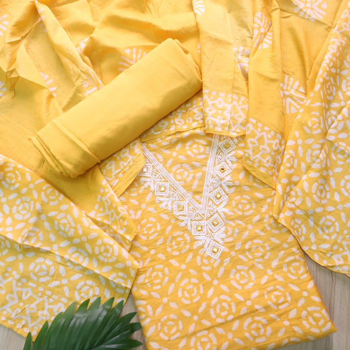 Sumati Sunflower Yellow V Moti Neck Work Batik Print Chanderi Suit Set