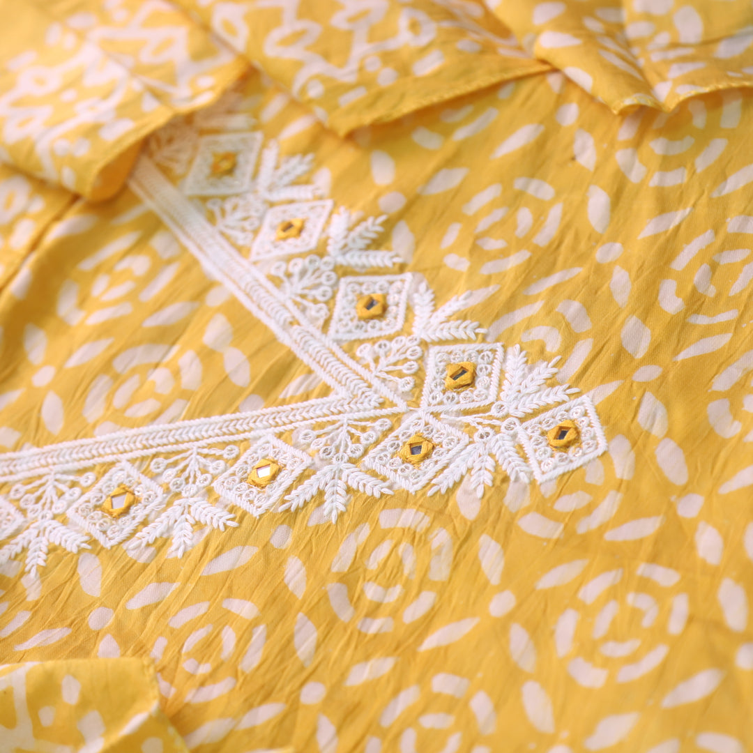 Sumati Sunflower Yellow V Moti Neck Work Batik Print Chanderi Suit Set