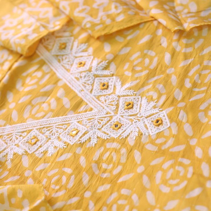 Sumati Sunflower Yellow V Moti Neck Work Batik Print Chanderi Suit Set